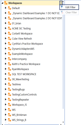 Blue highlight box on the edit filter option located to the right of Workspaces.